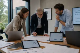 Three professionals in a modern meeting room, focused on documents and digital devices, collaborating in a natural, candid atmosphere.